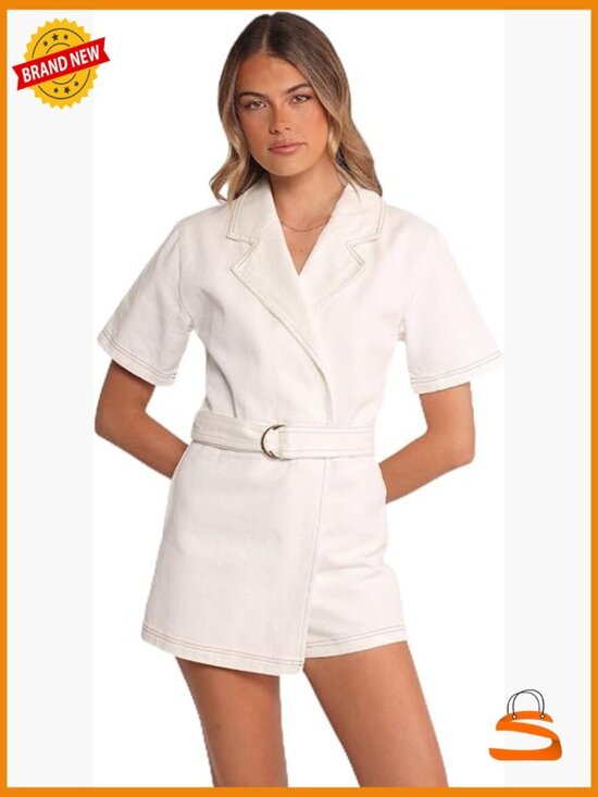 Pants - Medium Cotton Romper with V-Neck Wrap Front Short Sleeve